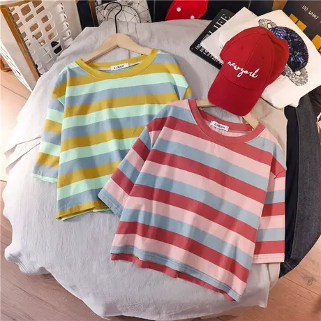 网红甜美拼色印花圆领短袖T恤女ins潮韩版短款修身百搭气质上衣夏图片