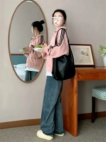 粉色拉链开衫卫衣女春秋薄款小个子宽松小众设计感立领外套棒球服商品大图