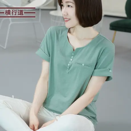 2023夏季女装休闲宽松v领纯色打底衫短袖大码上衣t恤半袖女装体恤商品大图