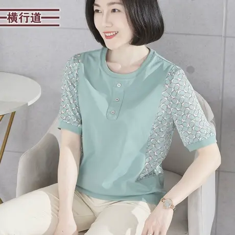 2023新款圆领拼接雪纺宽松短袖T恤女洋气淑女大码妈妈胖MM上衣服商品大图