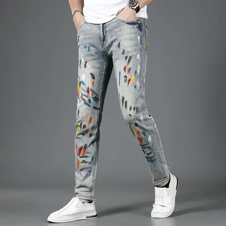 美式高街牛仔裤男夏季2023新款修身小脚个性印花潮牌男士薄款裤子图片
