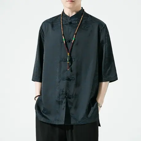 新中式中国风男装冰丝短袖衬衫夏季垂坠感五分袖衬衣大码盘扣唐装商品大图