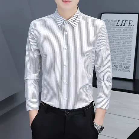 休闲黑色衬衫男士春季新款免烫高级帅气寸衫商务休闲条纹长袖衬衣商品大图