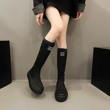 厚底松糕长靴2023女秋新款长筒不过膝弹力瘦瘦靴小个子增高骑士靴商品大图