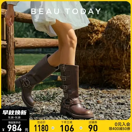 BeauToday靴子秋款女西部牛仔靴BT靴子女长筒靴厚底长靴显瘦长靴图片