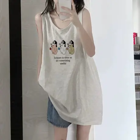 美式复古纯棉吊带运动坎肩背心无袖t恤女夏季外穿宽松篮球服上衣图片