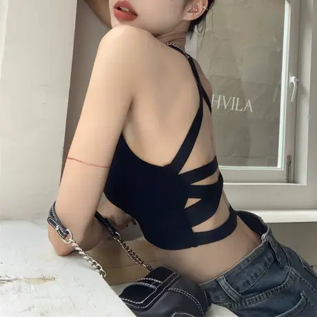 辣妹玫红色小背心女夏季美背内搭吊带性感带胸垫短款露背上衣外穿商品大图