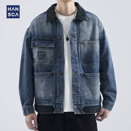 hansca牛仔外套男潮牌宽松秋季新款夹克男休闲百搭翻领日系长袖潮图片