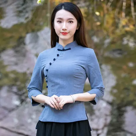 筠雅唐装中国风女装旗袍式上衣棉麻原创茶服民国风复古中式女装商品大图