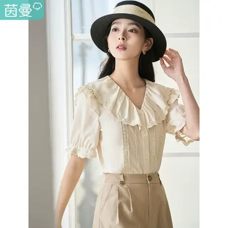 茵曼甜美减龄衬衫2023夏女装新款荷叶边V领小飞袖显瘦小衫上衣商品大图