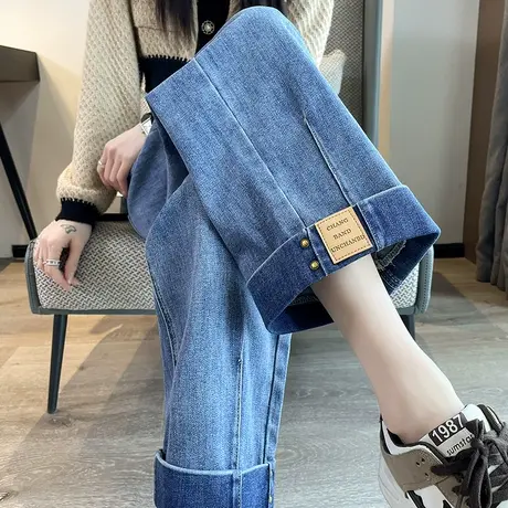 卷边牛仔裤女直筒宽松2023年秋冬新款高腰显瘦九分小个子阔腿裤商品大图