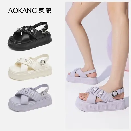 【厚底凉鞋】奥康女鞋夏季新款柔软珍珠水钻外穿拖鞋时装凉鞋图片
