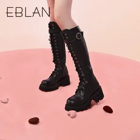 伊伴2022秋冬女鞋时尚街头潮酷马丁靴系带高筒长靴骑士靴皮靴高靴商品大图