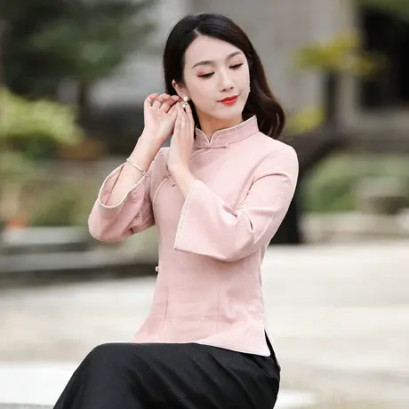 筠雅唐装女中国风斜襟盘扣上衣女士素色气质茶艺师民国风复古女装商品大图