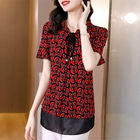 夏装中长款雪纺衫女2023新款短袖接拼遮肚减龄漂亮妈妈洋气小衫图片