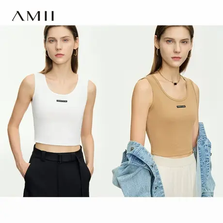 Amii2025夏新款圆领布标装饰吊带背心女修身显瘦细罗纹短款上衣商品大图