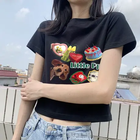 正肩t恤女韩版chic甜辣风短款短袖夏季纯棉小众别致上衣黑色显瘦商品大图