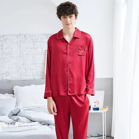 秋鹿【售完不补】睡衣南韩丝素色扣领男套大红色喜庆可外穿家居服图片