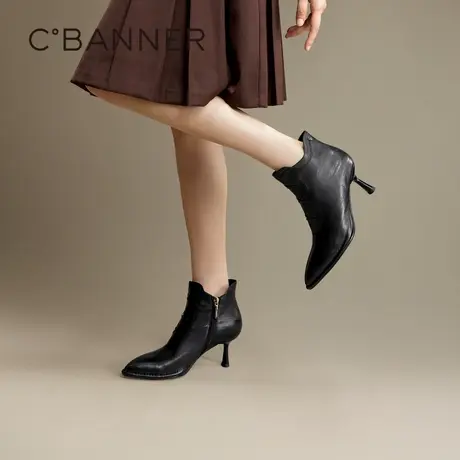 千百度羊皮尖头时装靴女百搭冬季舒适细高跟靴通勤时尚短靴子气质商品大图