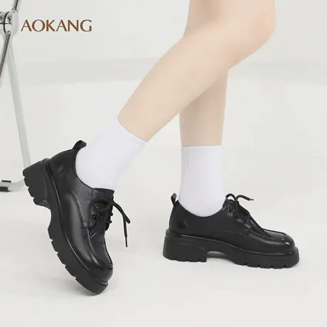 奥康 女鞋2026新款春季真皮厚底百搭英伦风系带小皮鞋复古乐福鞋L图片