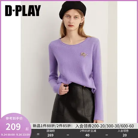 DPLAY2023轻奢软糯100羊毛薰衣草紫圆领长袖卷边宽松套头毛衣商品大图