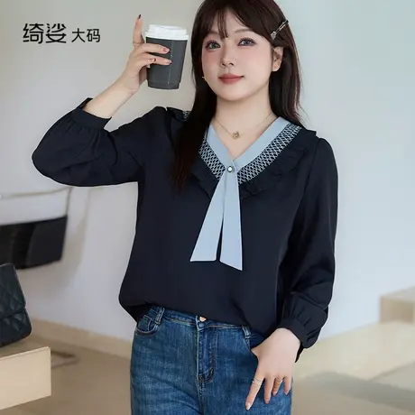 绮娑大码女装秋季新款法式上衣V领直筒宽松显瘦胖MM长袖重工衬衫商品大图