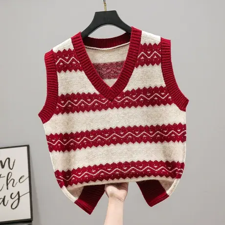 马甲背心春秋外搭韩版秋冬针织外穿毛衣坎肩V领条纹宽松女士马夹图片