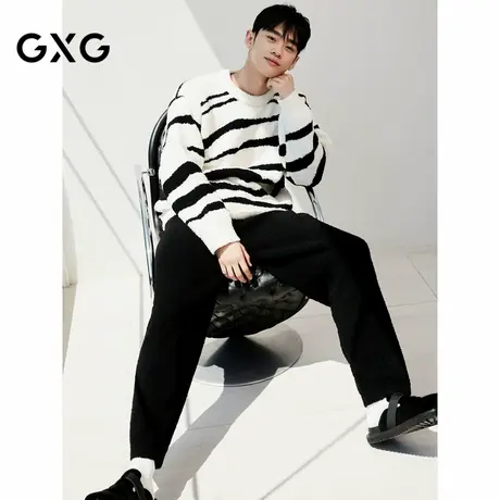 GXG男士家居服套装 白底黑色条纹加厚半边绒套头睡衣商品大图