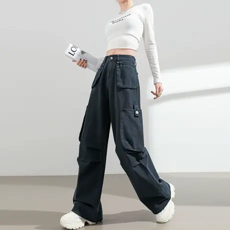 美式工装阔腿牛仔裤女2025秋季新款高腰显瘦宽松登山直筒拖地裤子商品大图