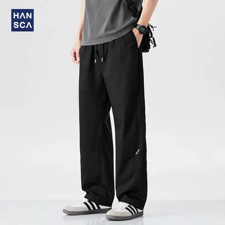 hansca黑色宽松直筒休闲裤男士2025春季新款时尚拼接大码百搭长裤商品大图