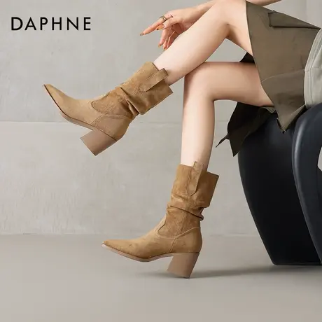 达芙妮堆堆靴棕色短靴女2026新款秋季粗跟中筒靴美拉德西部牛仔靴图片