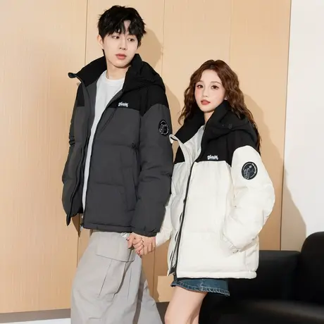 唐狮冬季新款情侣羽绒服连帽短款美式复古撞色拼接青少年外套TD商品大图