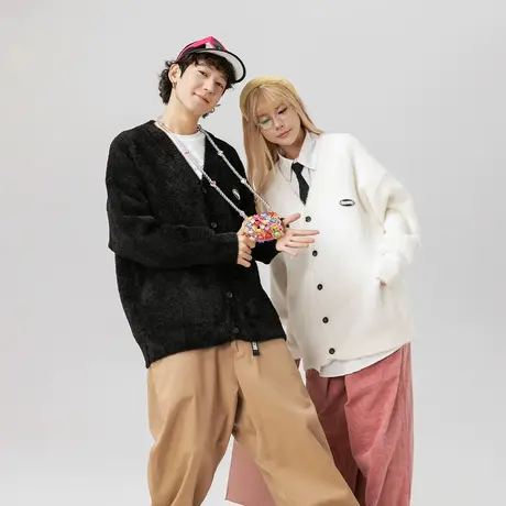 复古慵懒风软糯毛衣女秋冬2023新款情侣装V领上衣宽松针织衫外套商品大图