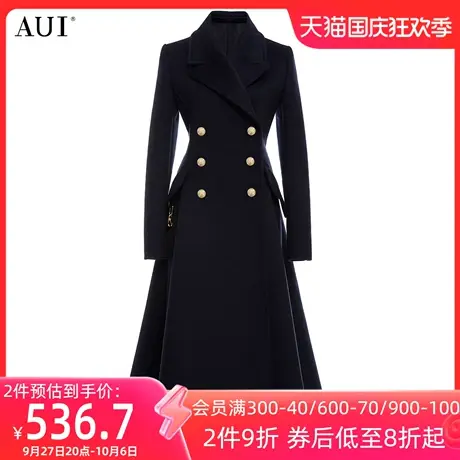 AUI黑色英伦风中长款毛呢外套女2023冬新款职业西装羊毛呢子大衣图片