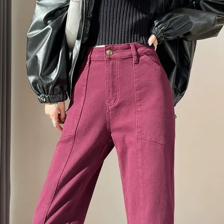 酒红色牛仔加绒哈伦裤女冬季高腰显瘦宽松显瘦小个子萝卜老爹裤子商品大图