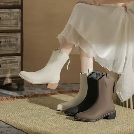 法式小短靴女2023新款春秋单靴V口尖头短靴粗跟短筒靴中跟瘦瘦靴图片