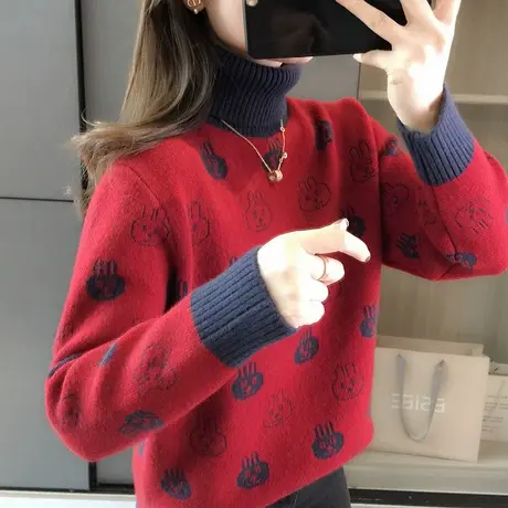 高领毛衣女加厚秋冬季2023新款套头打底衫卡通减龄针织衫宽松上衣商品大图