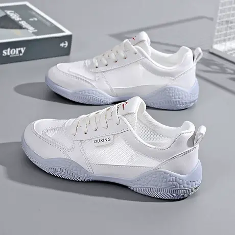 真皮网面运动鞋女2023年新款夏季透气轻便跑步镂空薄款旅游小白鞋商品大图