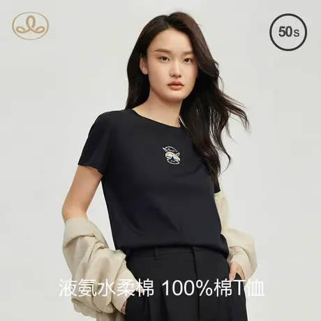 三针50S液氨水柔棉t恤女纯棉黑色半袖正肩印花夏季薄款短袖上衣图片
