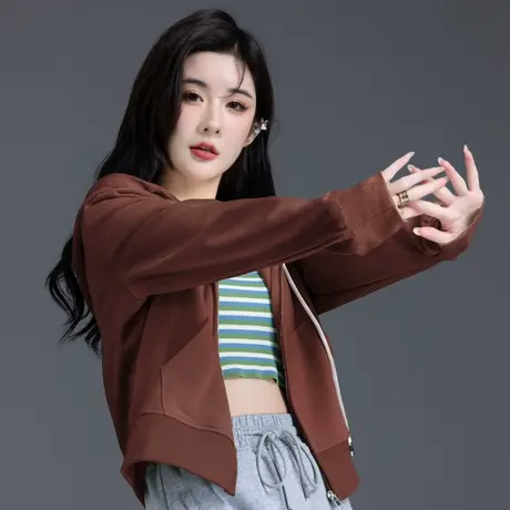 咖啡色开衫卫衣连帽长袖外套女春秋款2023新爆款上衣休闲运动短款图片