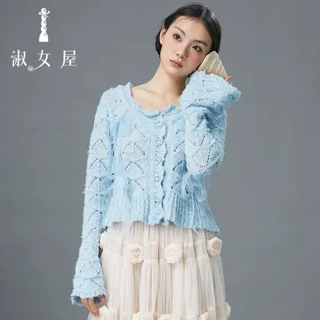 淑女屋官方旗舰店蝴蝶结花瓣领慵懒风蝴蝶结宽松高级感超好看毛衣商品大图