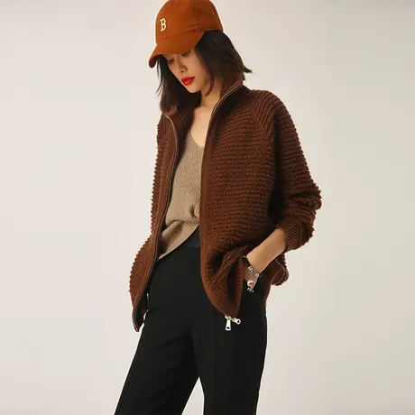 毛巾绣立领针织羊绒开衫女士时尚百搭秋冬新款宽松毛衣外套W828图片