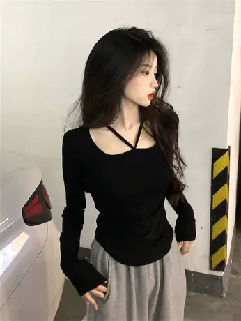 长袖t恤女早秋冬季辣妹修身打底衫短款锁骨春秋独特别致小上衣服商品大图