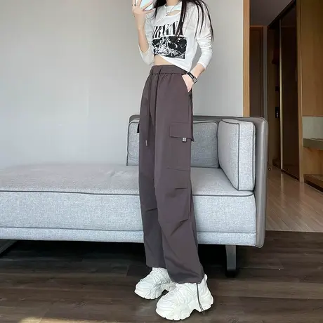 美式高街工装裤女2024春秋新款高腰显瘦直筒小个子休闲阔腿束脚裤商品大图