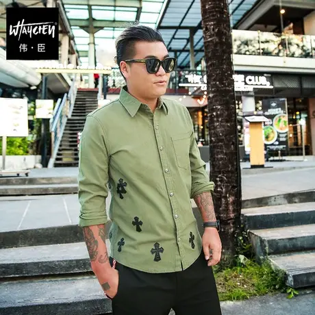 伟臣潮牌大码男装春装长袖衬衫肥佬加肥加大宽松贴布绣衬衣胖子男商品大图