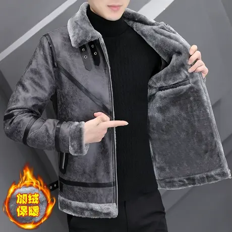 冬季男士皮衣夹克韩版潮流加绒加厚皮毛一体机车棉服外套防风保暖商品大图