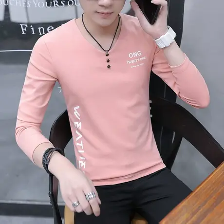 男士长袖t恤秋季新款潮流休闲印花V领卫衣男装帅气个性打底衫上衣图片