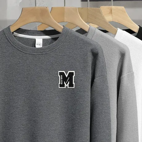 华夫格卫衣男2024新款秋季潮流宽松圆领套头无帽上衣灰色长袖t恤商品大图