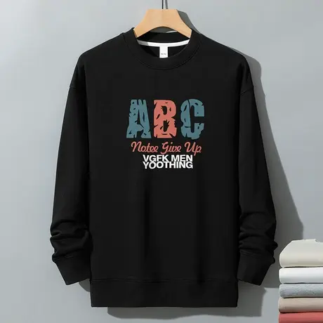 350g重磅日系卫衣男秋冬款黑色上衣服摇粒绒保暖圆领无帽长袖t恤商品大图