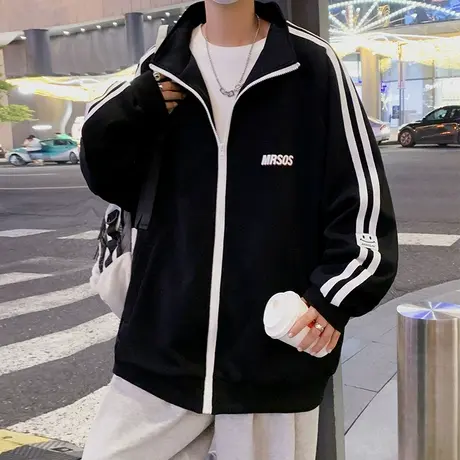 新款宽松立领开衫卫衣男ins潮流条纹春秋季休闲长袖夹克国潮外套商品大图